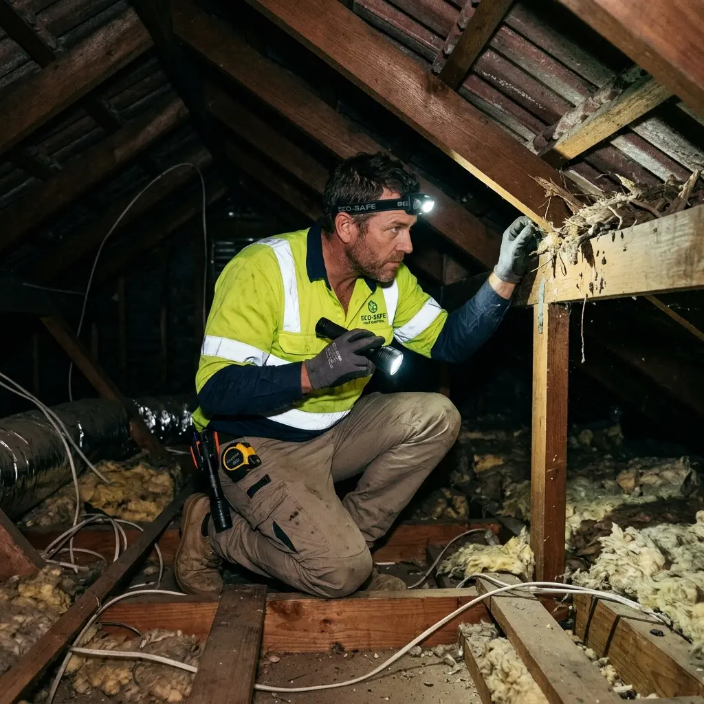 Technician inspecting a roof cavity for a dead animal in Norlane
